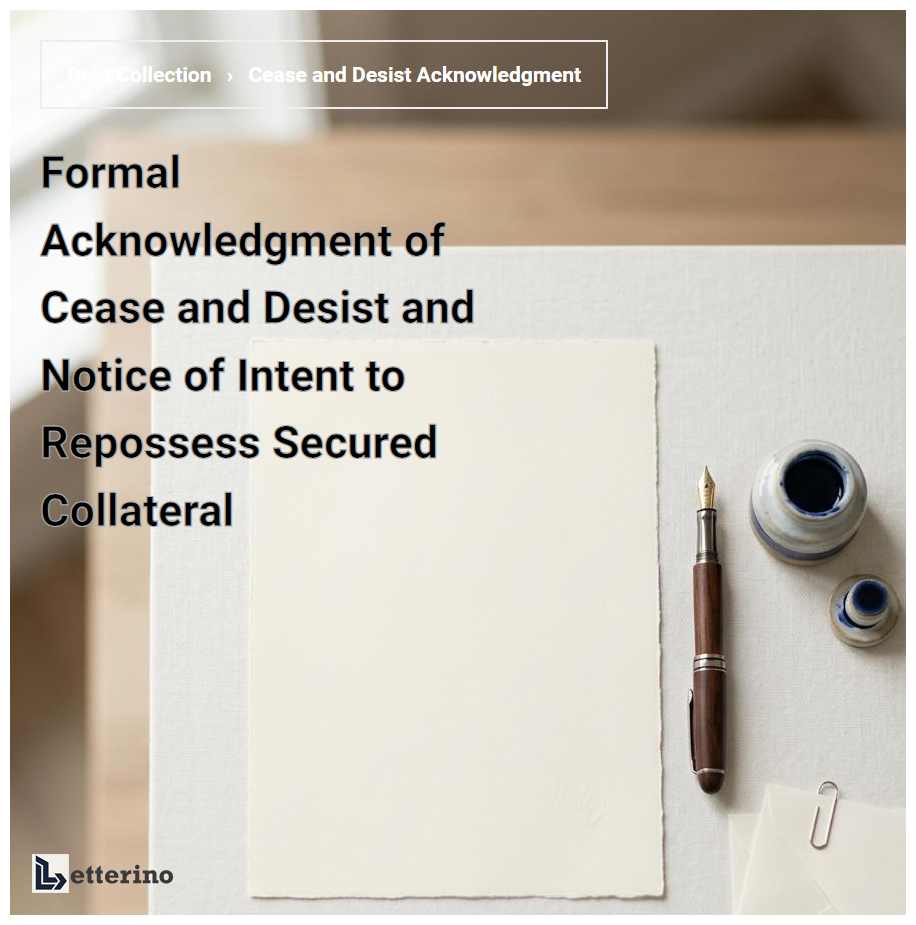 Formal Acknowledgment of Cease and Desist and Notice of Intent to Repossess Secured Collateral