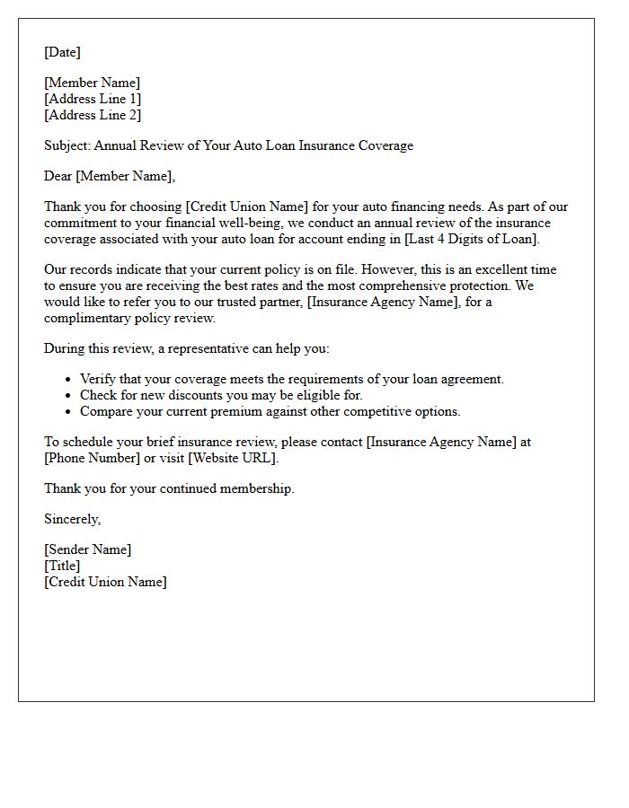 Local Credit Union Auto Loan Insurance Referral Annual Review Letter