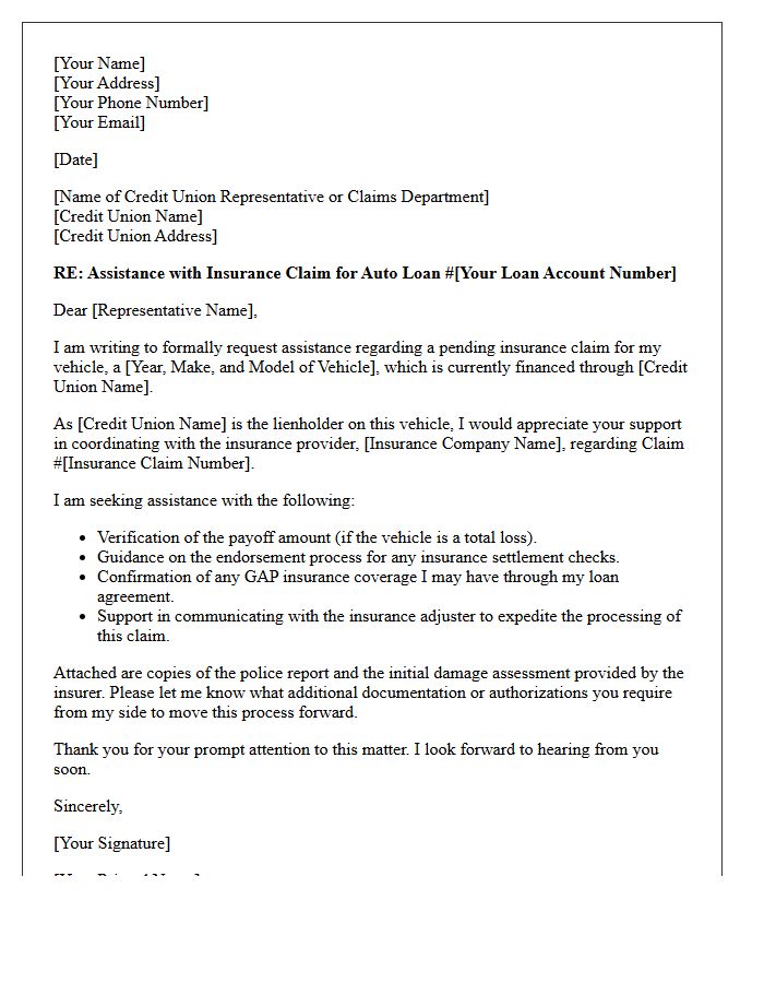 Local Credit Union Auto Loan Insurance Referral Claim Assistance Letter