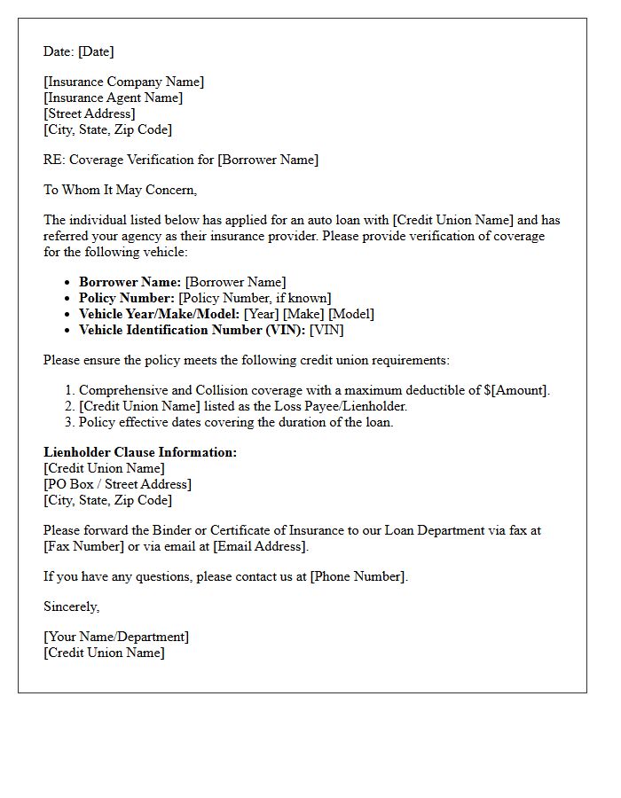Local Credit Union Auto Loan Insurance Referral Coverage Verification Letter