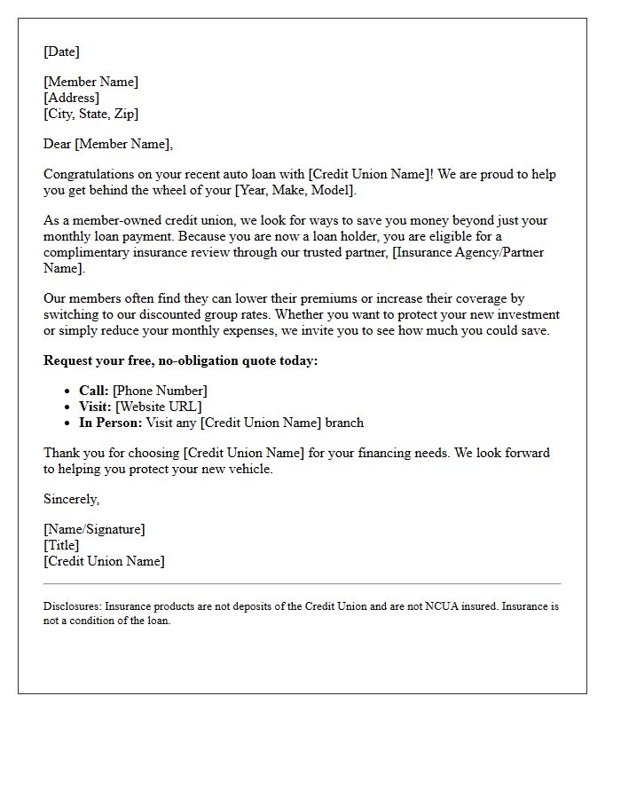 Local Credit Union Auto Loan Insurance Referral Cross-Sell Letter