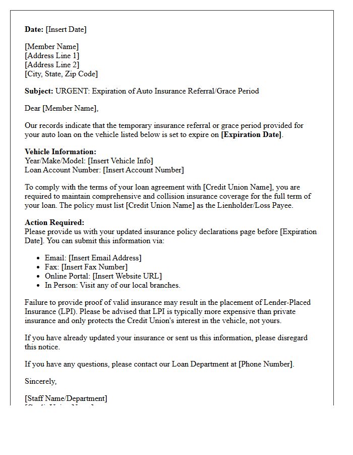 Local Credit Union Auto Loan Insurance Referral Expiration Notice Letter