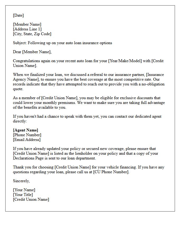 Local Credit Union Auto Loan Insurance Referral Follow-Up Letter