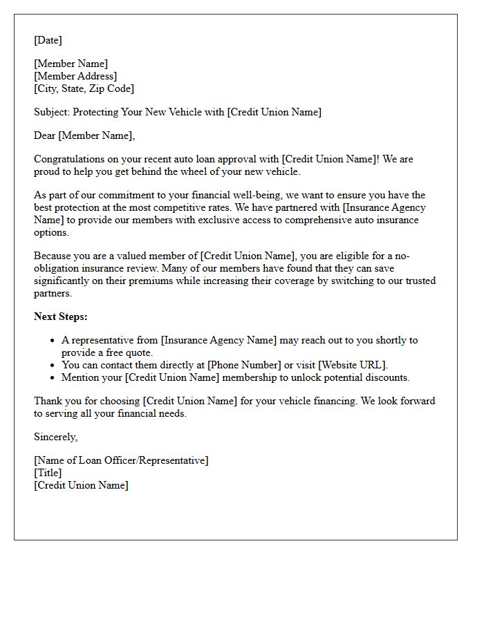 Local Credit Union Auto Loan Insurance Referral Member Introduction Letter