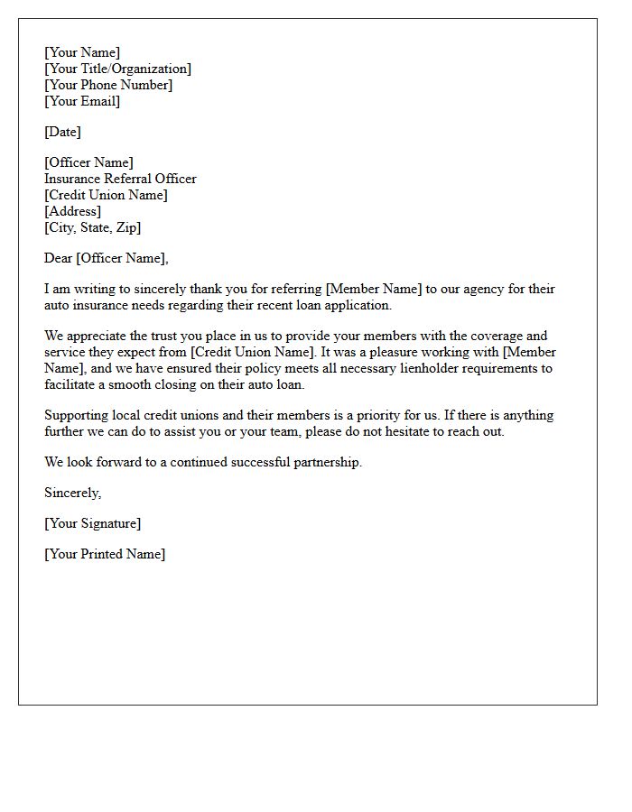 Local Credit Union Auto Loan Insurance Referral Officer Thank You Letter