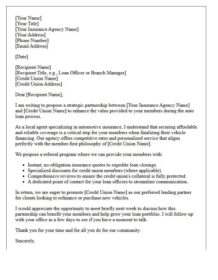 Local Credit Union Auto Loan Insurance Referral Partnership Proposal Letter