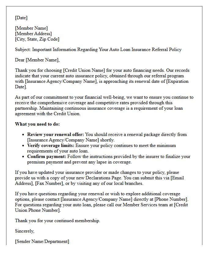 Local Credit Union Auto Loan Insurance Referral Policy Renewal Letter