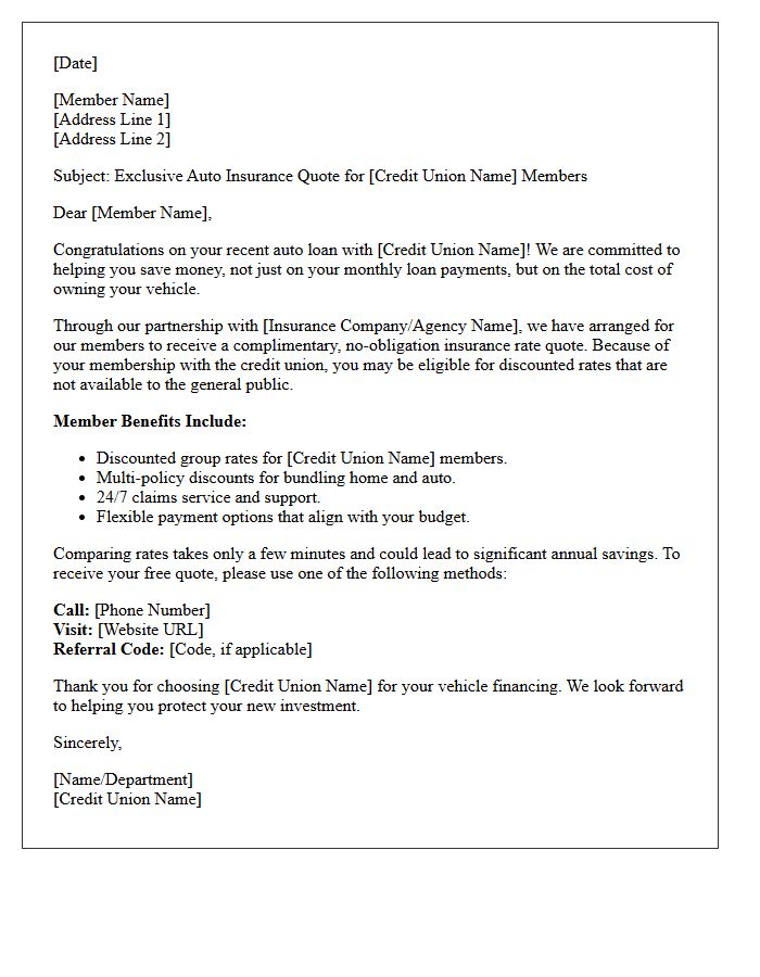 Local Credit Union Auto Loan Insurance Referral Rate Quote Letter