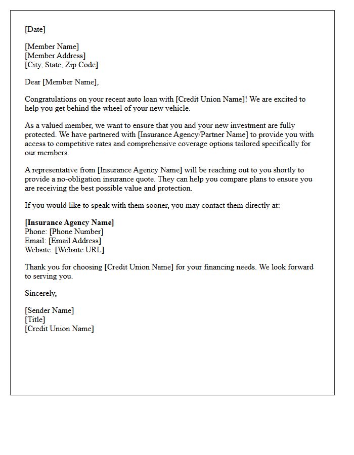 Local Credit Union Auto Loan Insurance Referral Welcome Letter