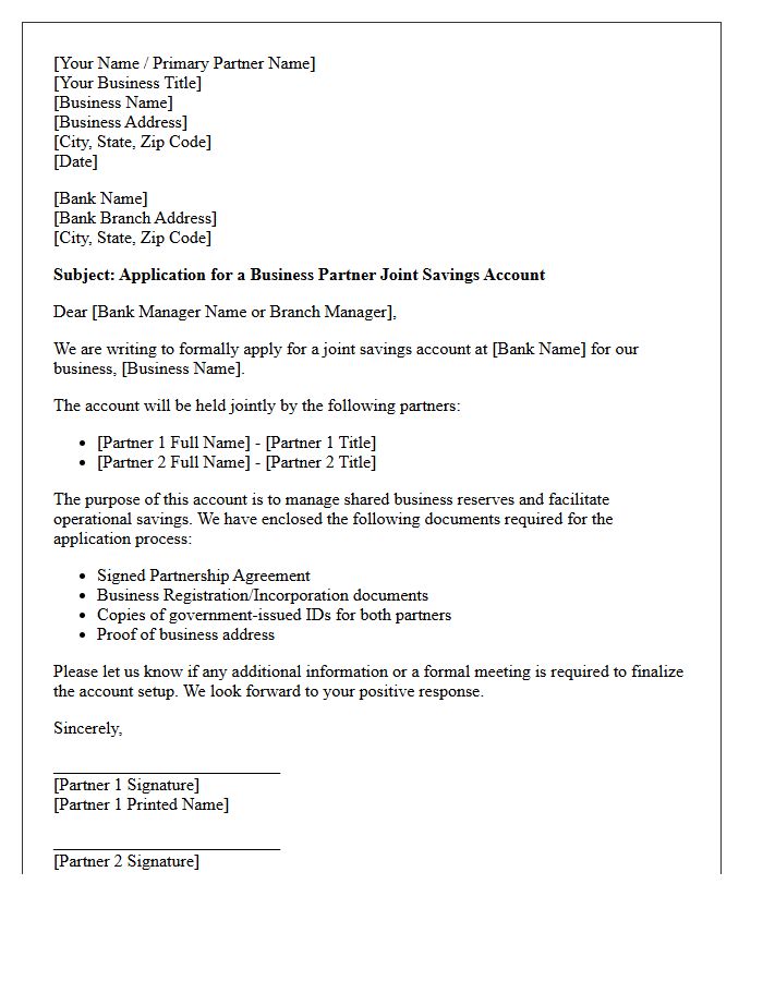 Business Partner Joint Savings Account Application Letter