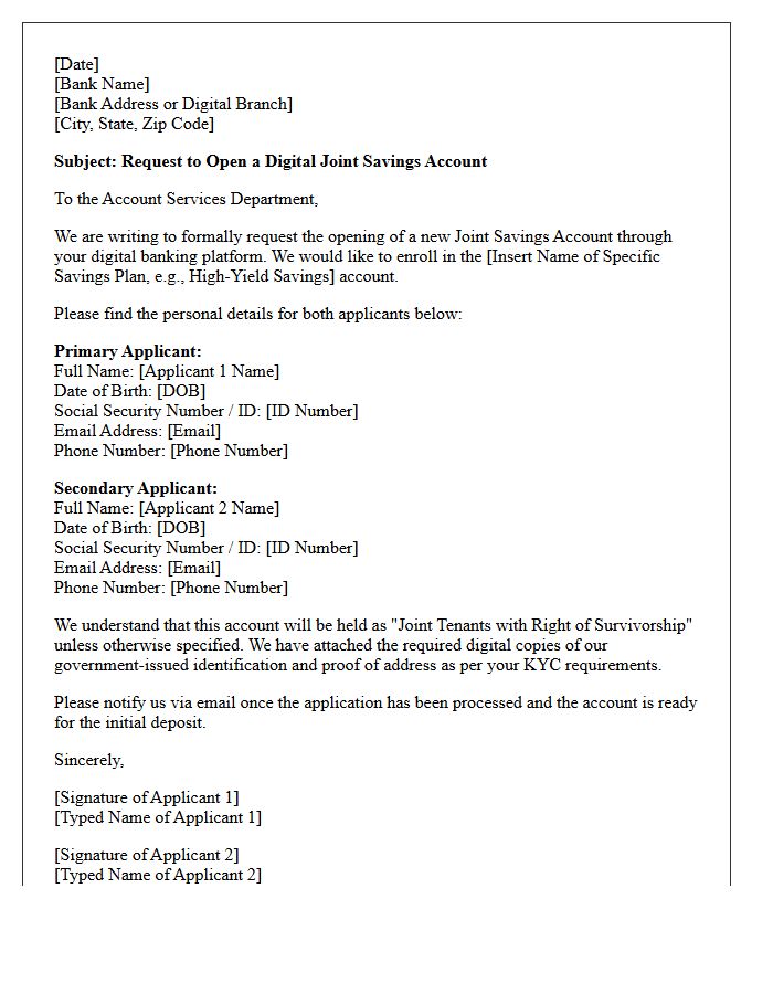 Digital Banking Joint Savings Account Opening Letter