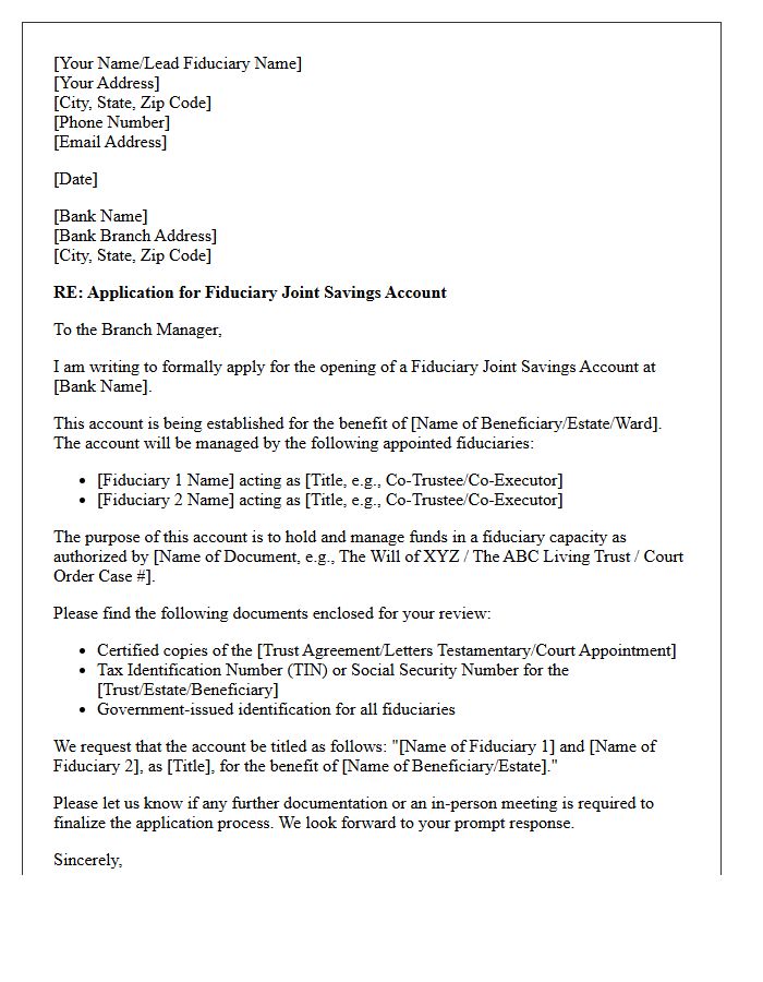 Fiduciary Joint Savings Account Application Letter