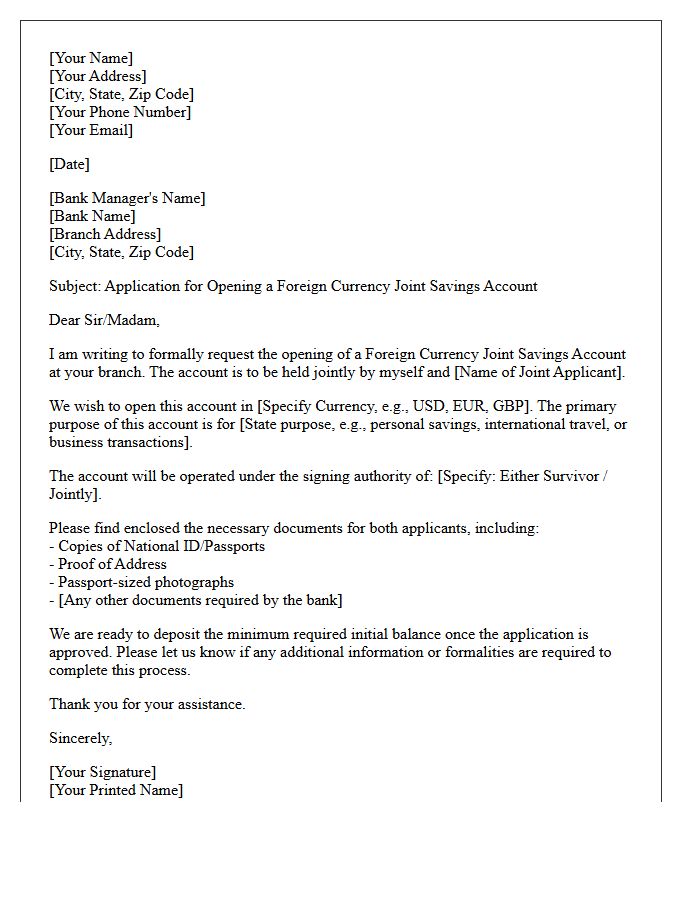 Foreign Currency Joint Savings Account Application Letter