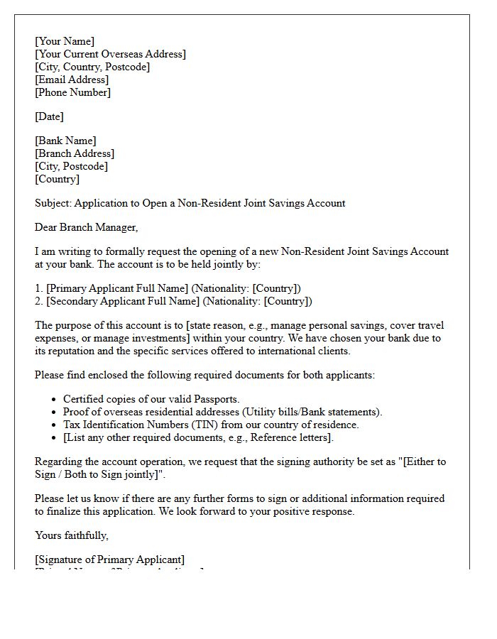Non-Resident Joint Savings Account Opening Letter