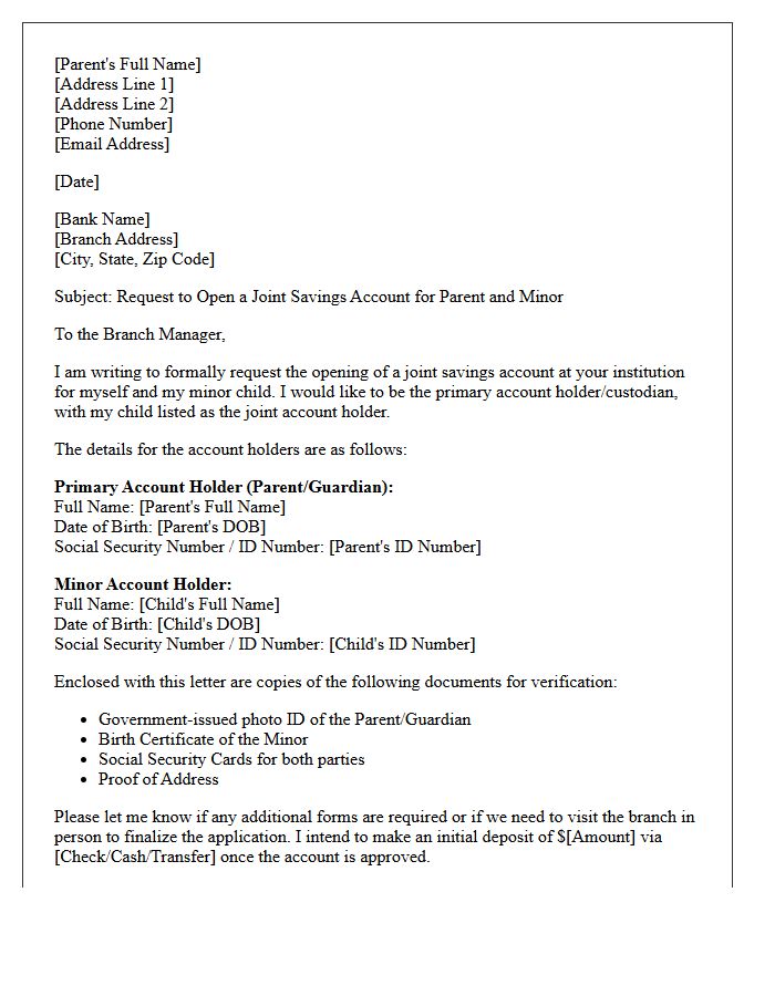 Parent and Minor Joint Savings Account Opening Letter