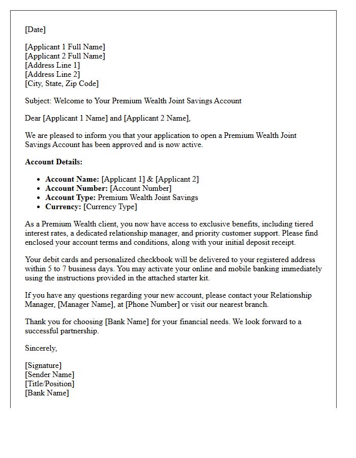 Premium Wealth Joint Savings Account Opening Letter