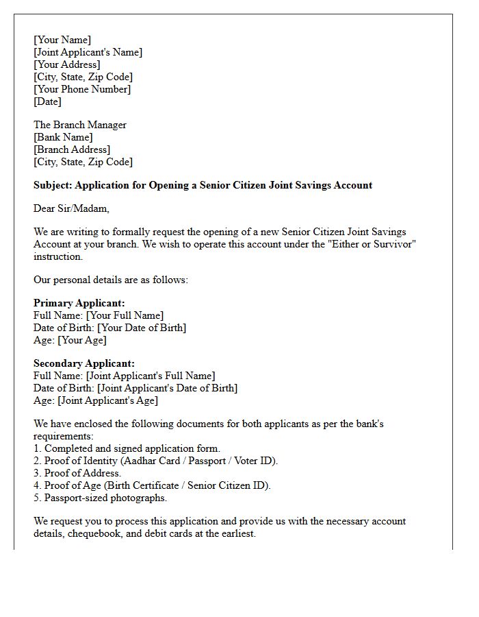 Senior Citizen Joint Savings Account Application Letter