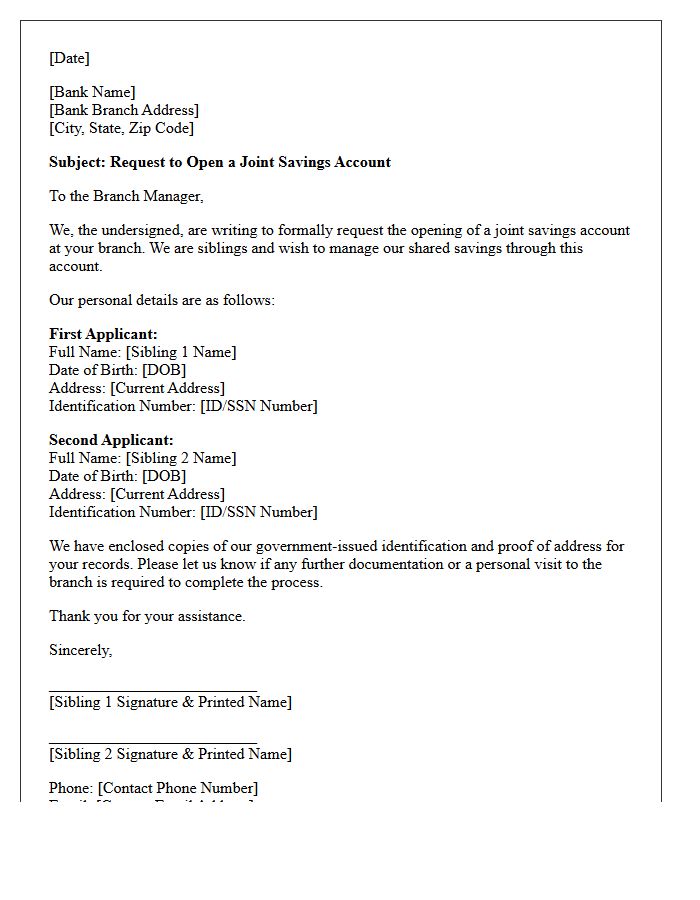 Sibling Joint Savings Account Opening Letter