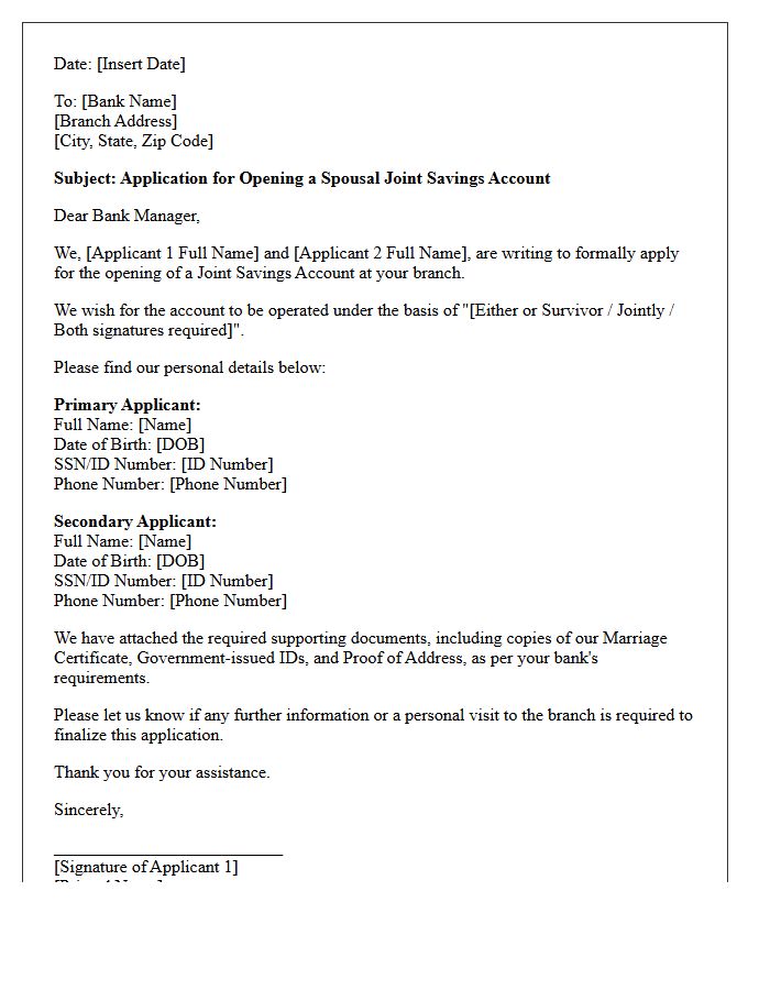 Standard Spousal Joint Savings Account Application Letter