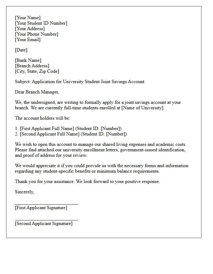 University Student Joint Savings Account Application Letter