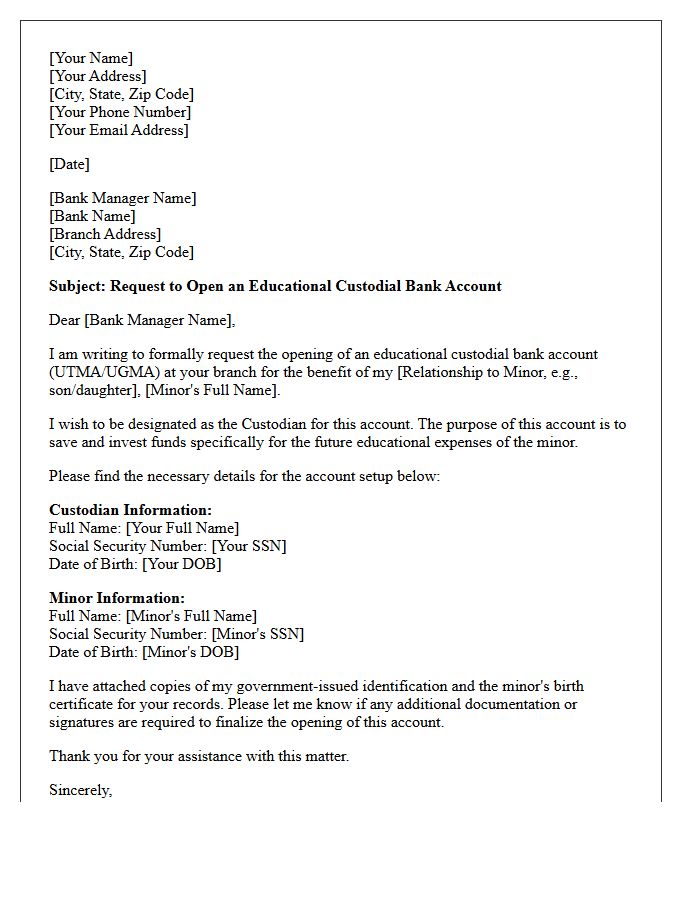 Letter of Request for Educational Custodial Bank Account Opening
