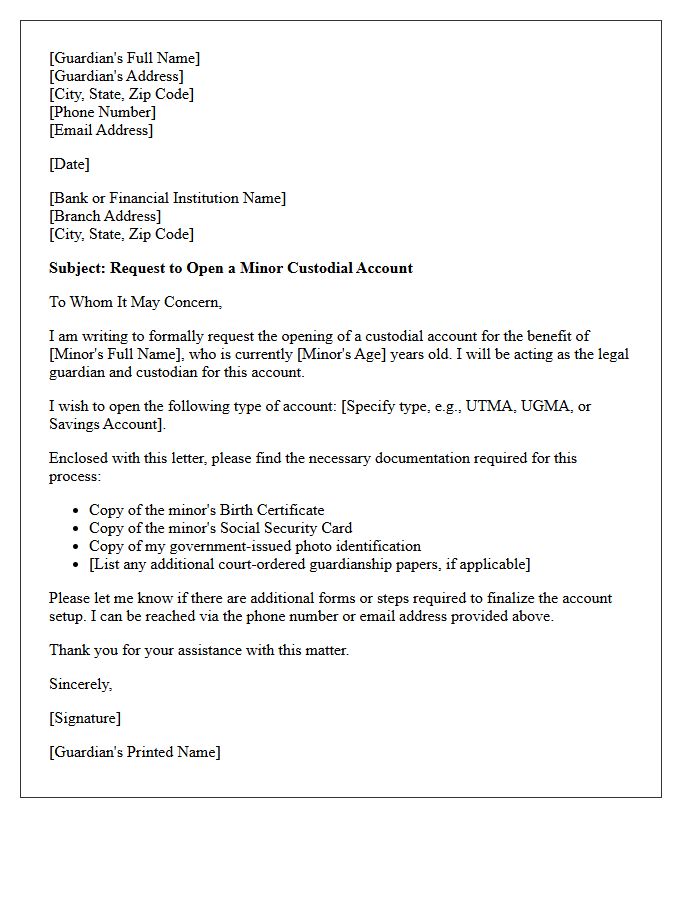 Letter of Request for Legal Guardian Minor Custodial Account Opening