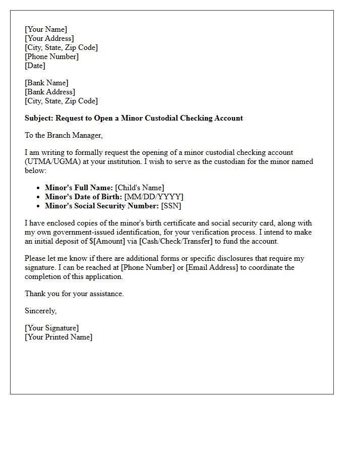 Letter of Request for Minor Custodial Checking Account Opening