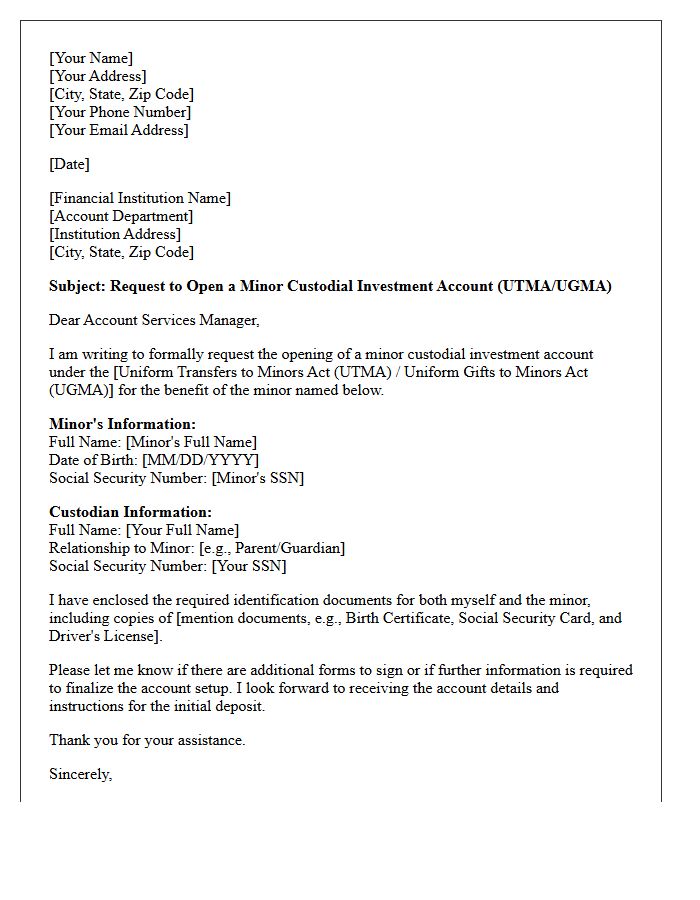 Letter of Request for Minor Custodial Investment Account Opening