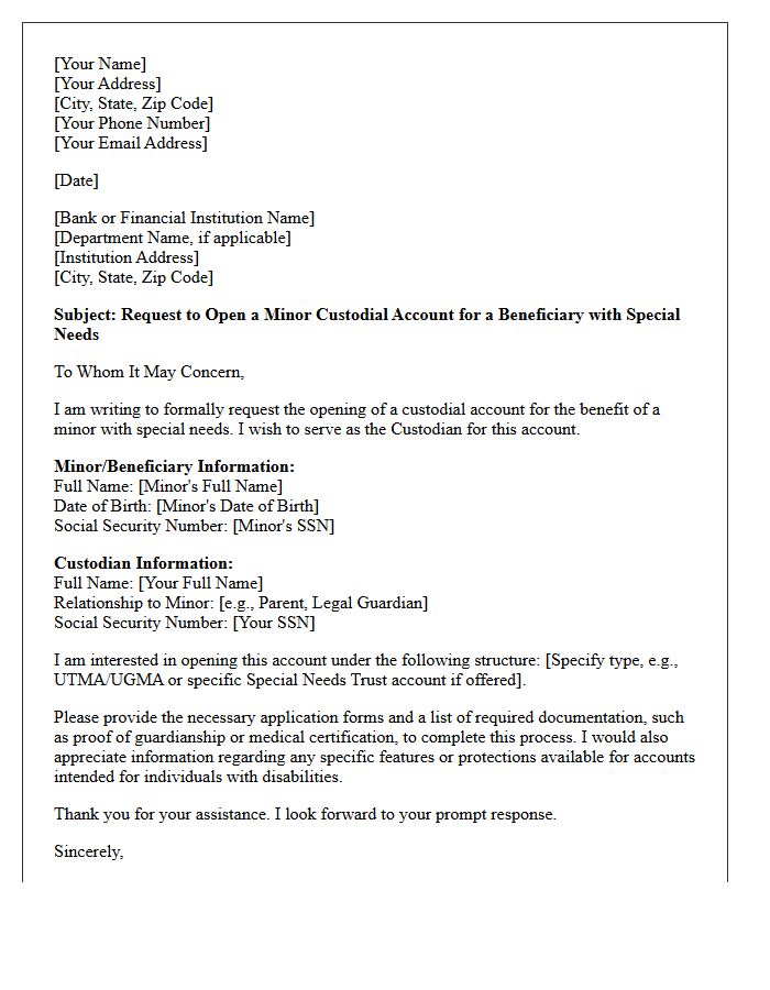 Letter of Request for Special Needs Minor Custodial Account Opening