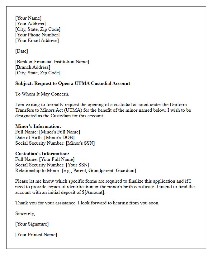 Letter of Request for Uniform Transfers to Minors Act Account Opening