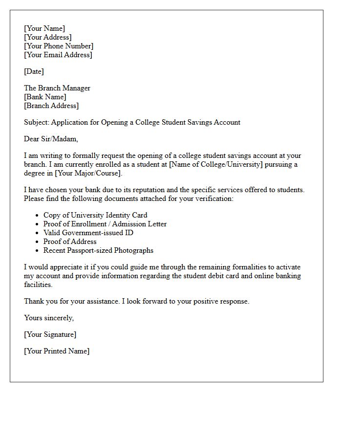 Branch Letter of Application for College Student Account Opening