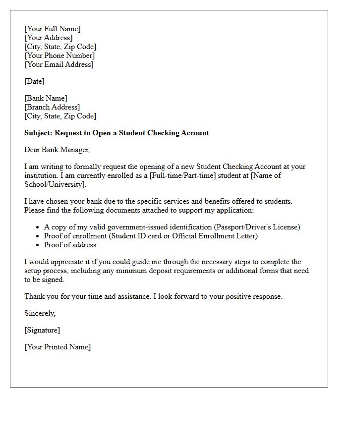 Formal Letter of Request for Student Checking Account Setup