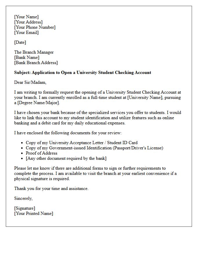 Letter of Application for University Student Checking Account Opening