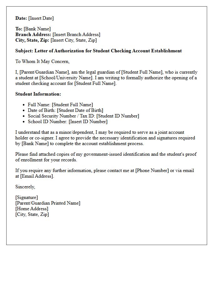 Letter of Authorization for Student Checking Account Establishment