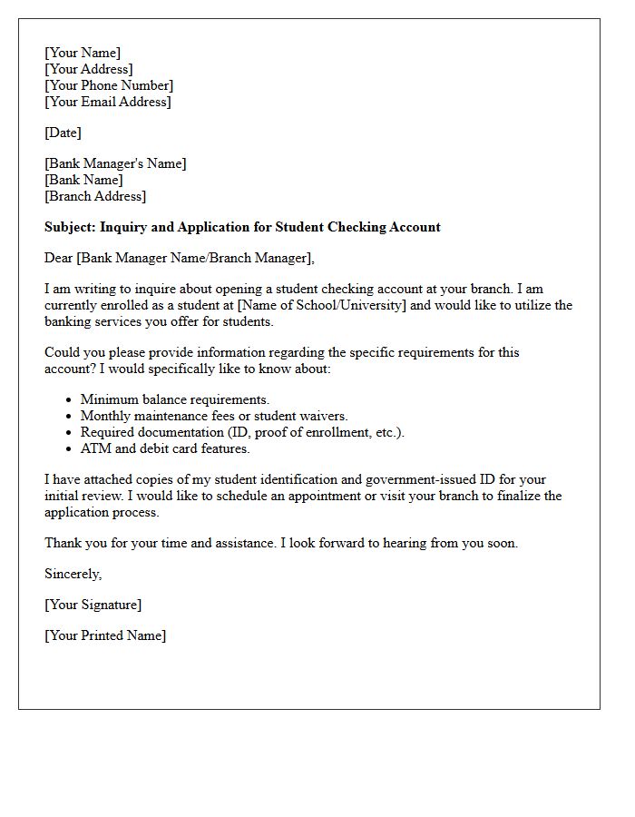 Letter of Inquiry and Application for Student Checking Account Creation
