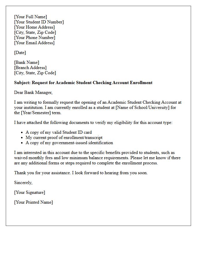 Letter of Request for Academic Student Checking Account Enrollment