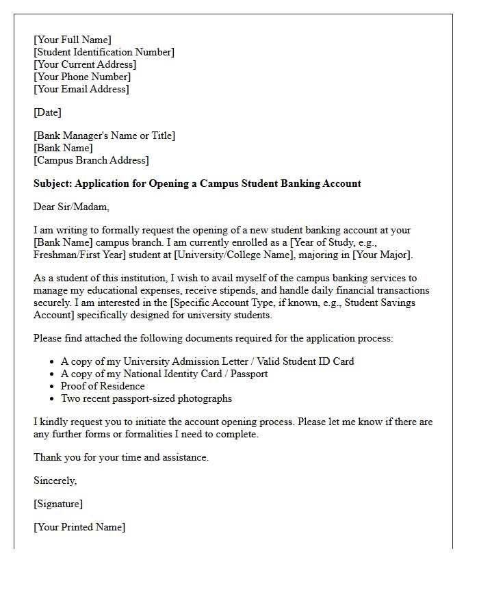 Primary Letter of Application for Campus Banking Account Opening