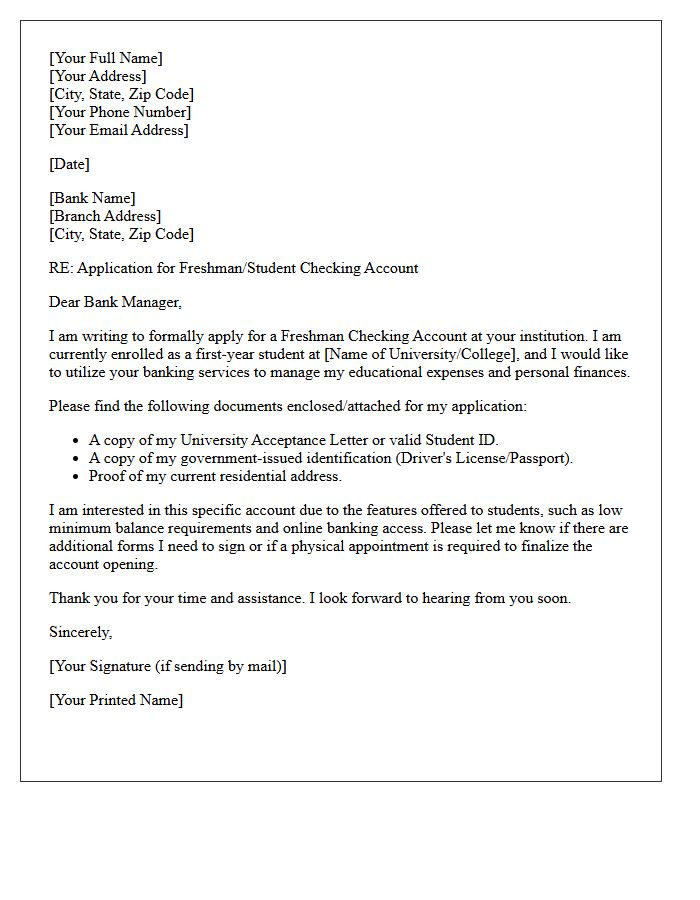 Standard Letter of Application for Freshman Checking Account Services