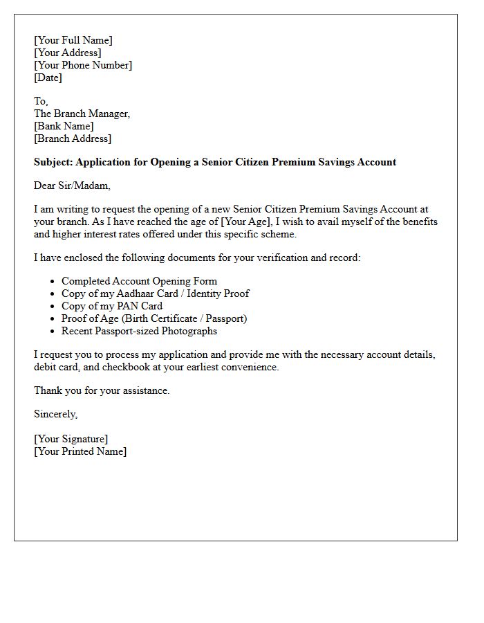Application Letter for Senior Citizen Premium Savings Account Opening