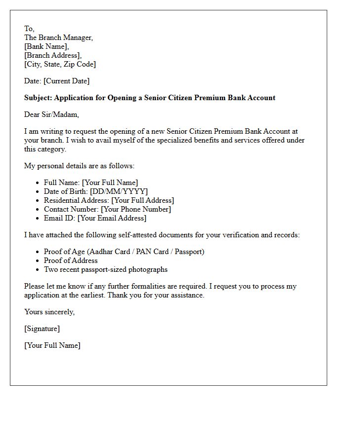 Formal Letter for Senior Citizen Premium Bank Account Opening