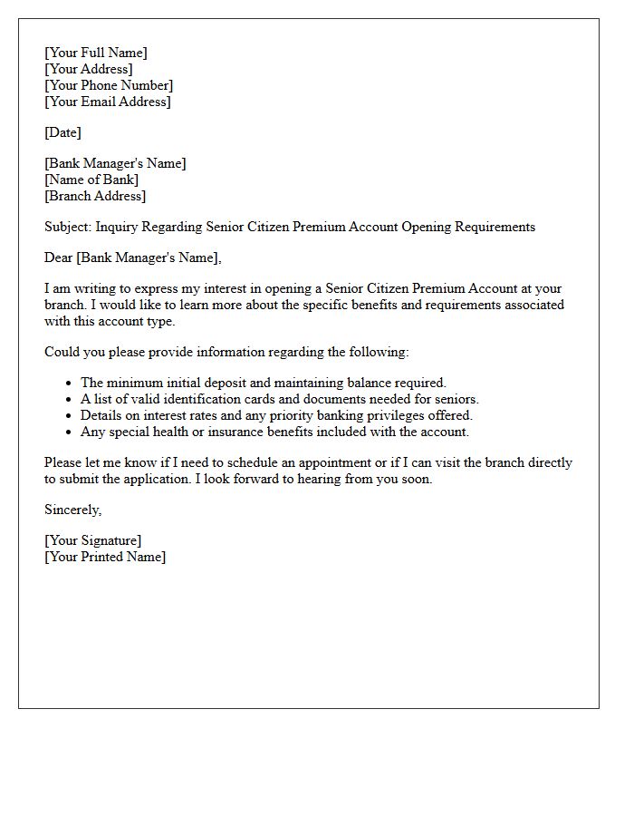 Inquiry Letter for Senior Citizen Premium Account Opening Requirements