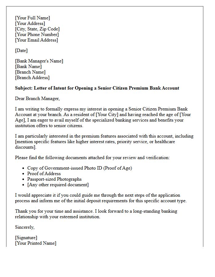 Letter of Intent for Senior Citizen Premium Bank Account Creation