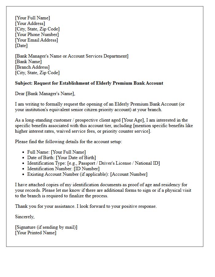 Letter of Request for Elderly Premium Bank Account Establishment