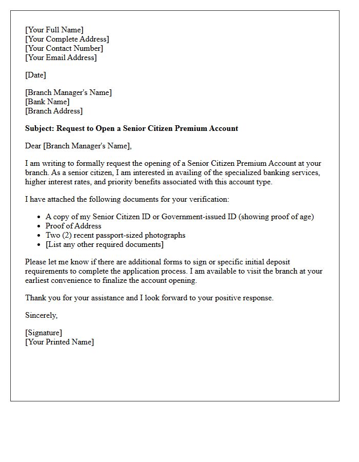 Letter of Request for Senior Citizen Premium Account Opening