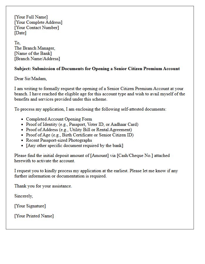 Submission Letter for Senior Citizen Premium Account Opening Documents