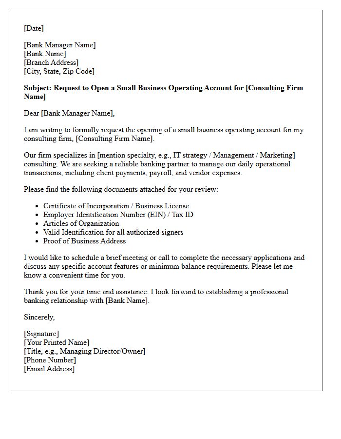 Letter Of Request For Consulting Firm Small Business Operating Account Opening