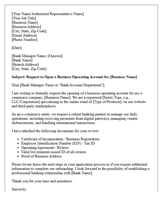 Letter Of Request For E-Commerce Small Business Operating Account Opening