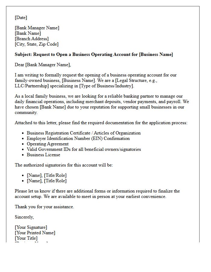 Letter Of Request For Family-Owned Small Business Operating Account Opening