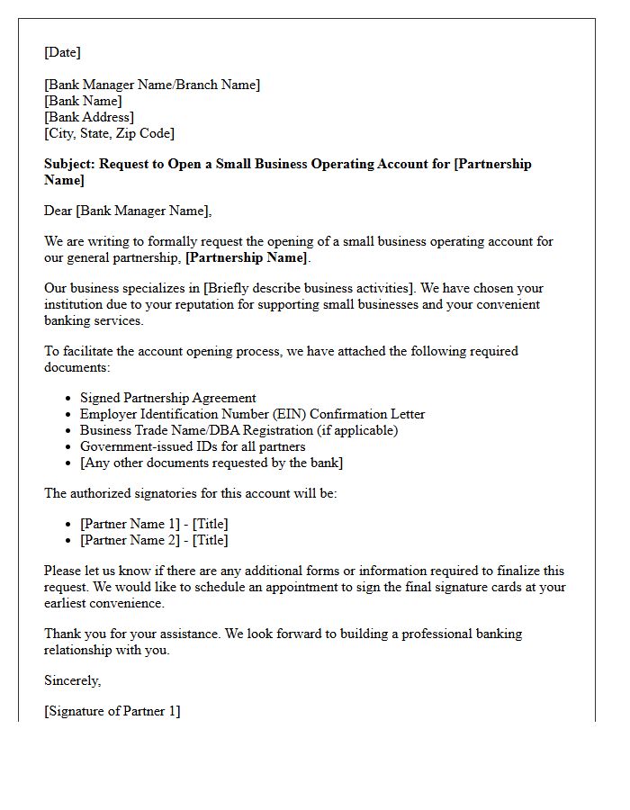 Letter Of Request For General Partnership Small Business Operating Account Opening