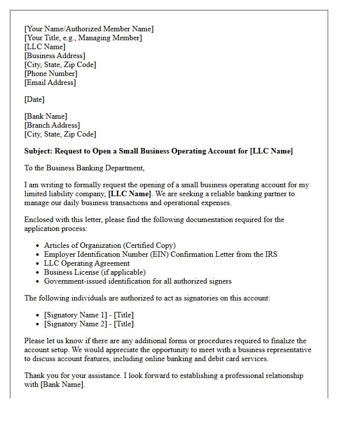Letter Of Request For Limited Liability Company Small Business Operating Account Opening